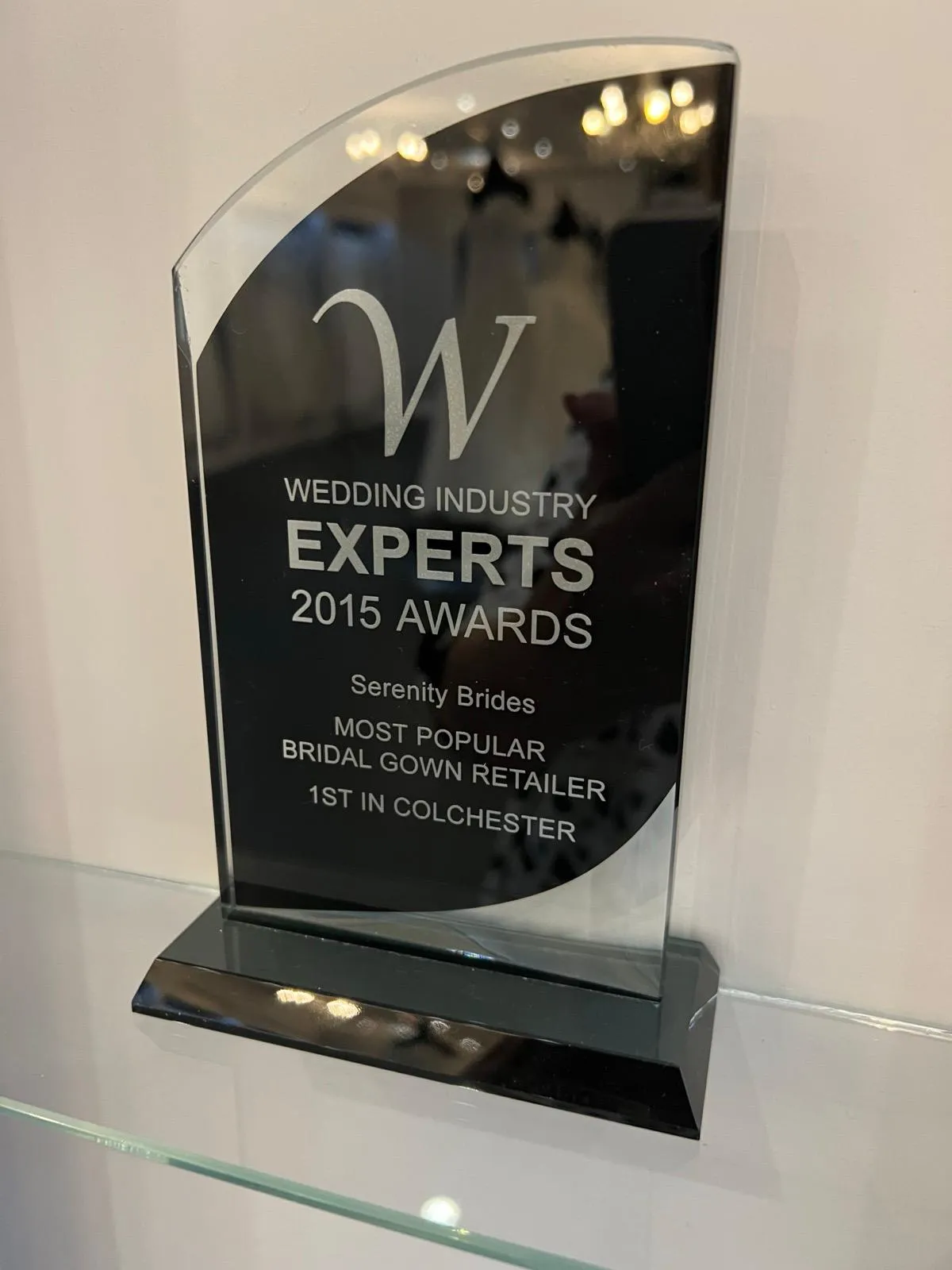 Wedding Industry Experts 2015 plaque, Most Popular Bridal Gown Retailer, 1st in Colchester