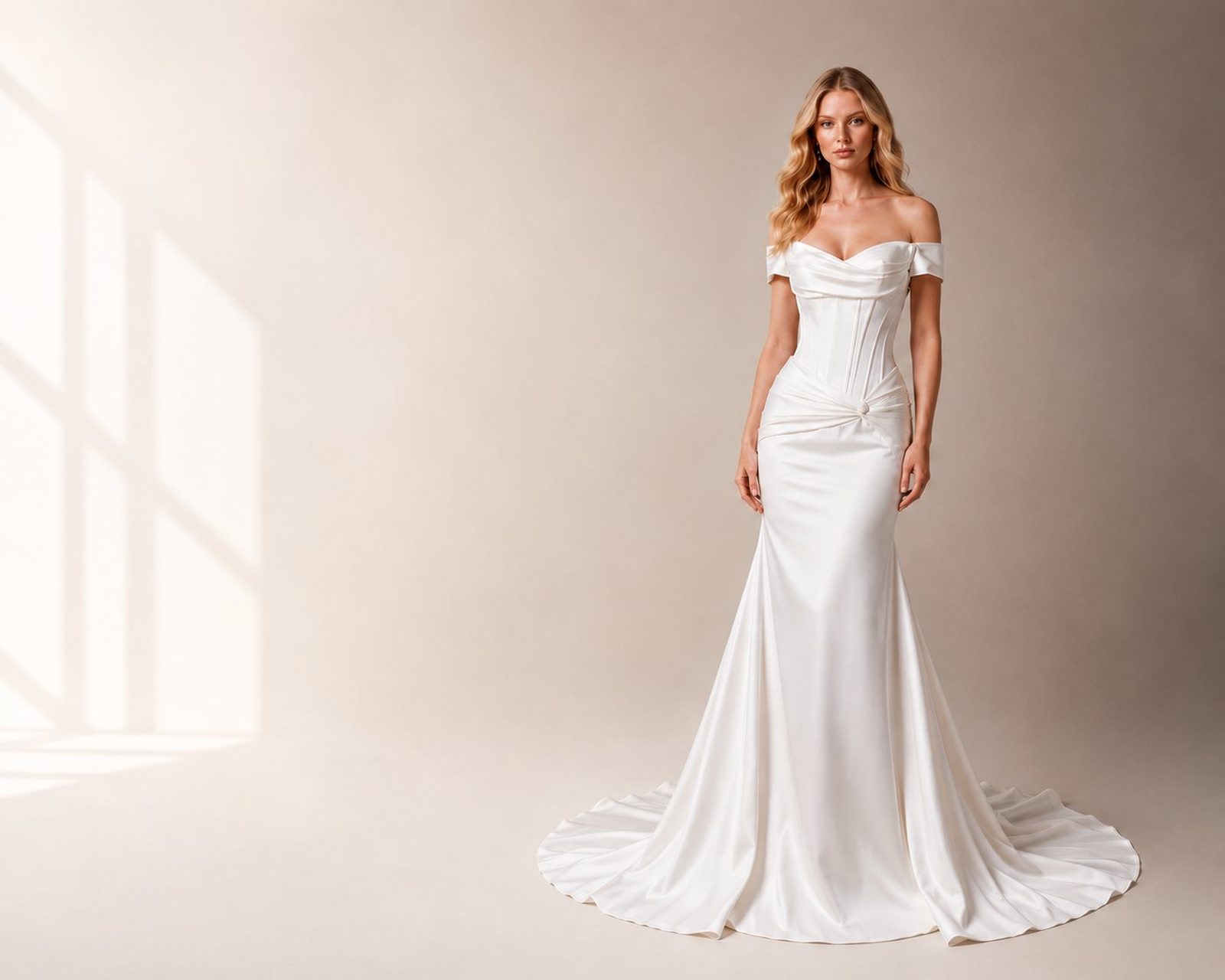 Bride in an off-the-shoulder satin gown, full length